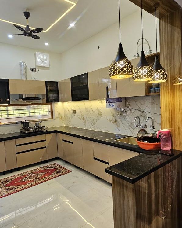 Pendant lights over a kitchen counter in Studio